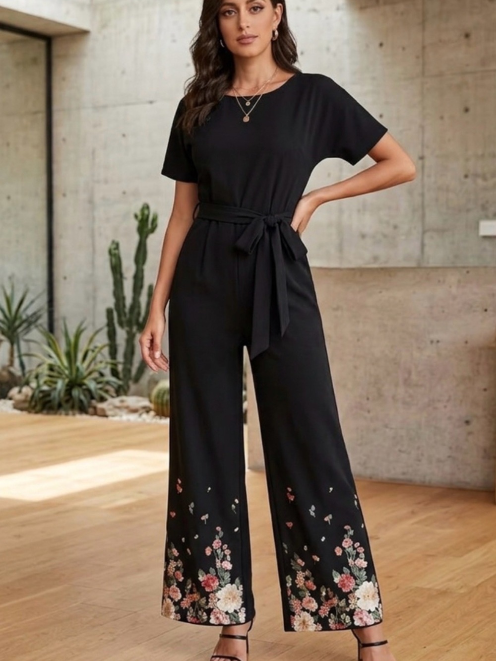 Women’s Black Floral Wide-Leg Jumpsuit with Tie Waist
